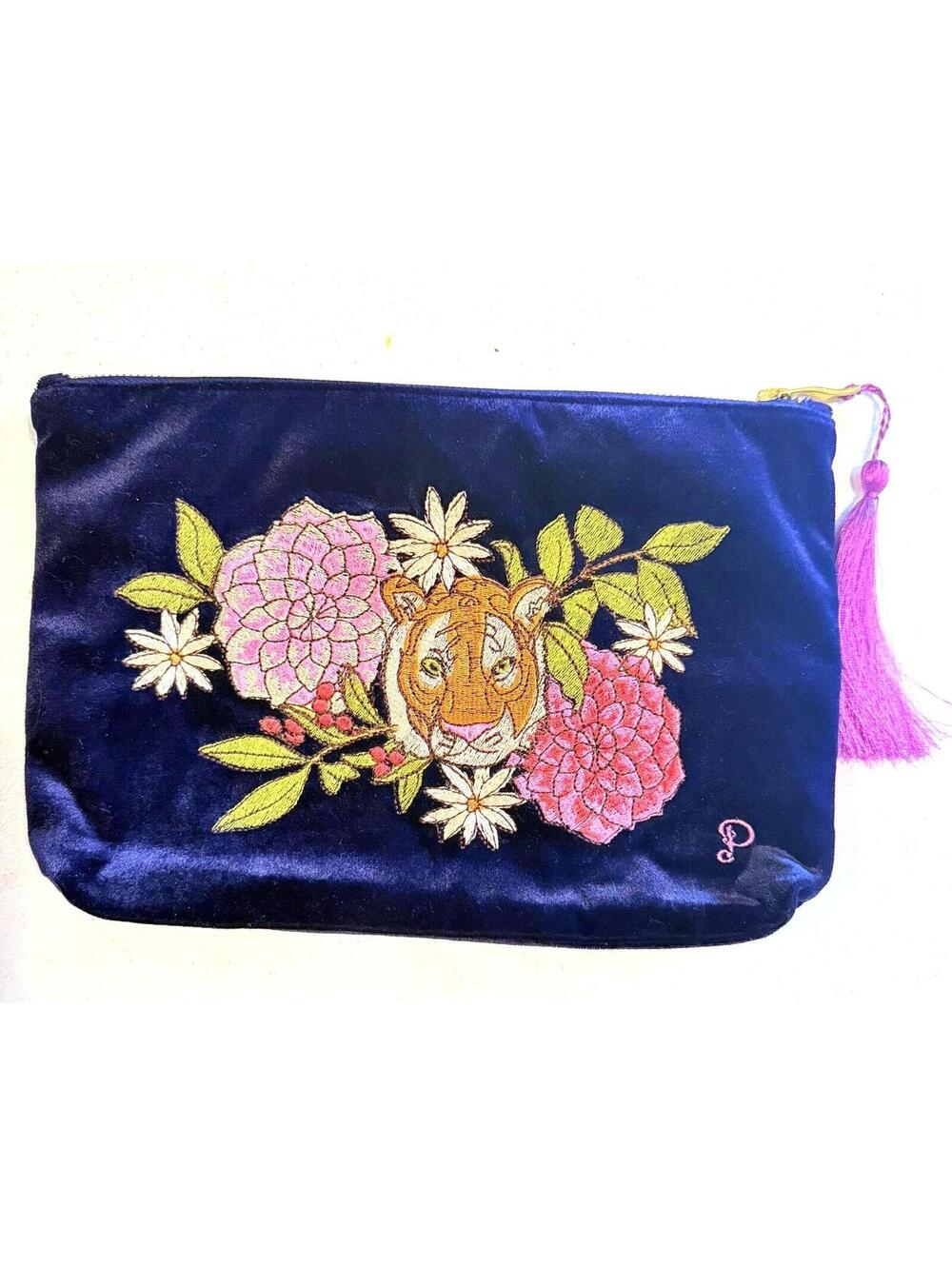 Powder Indigo Blue Velvet Embroidered Floral Tiger Face Pouch